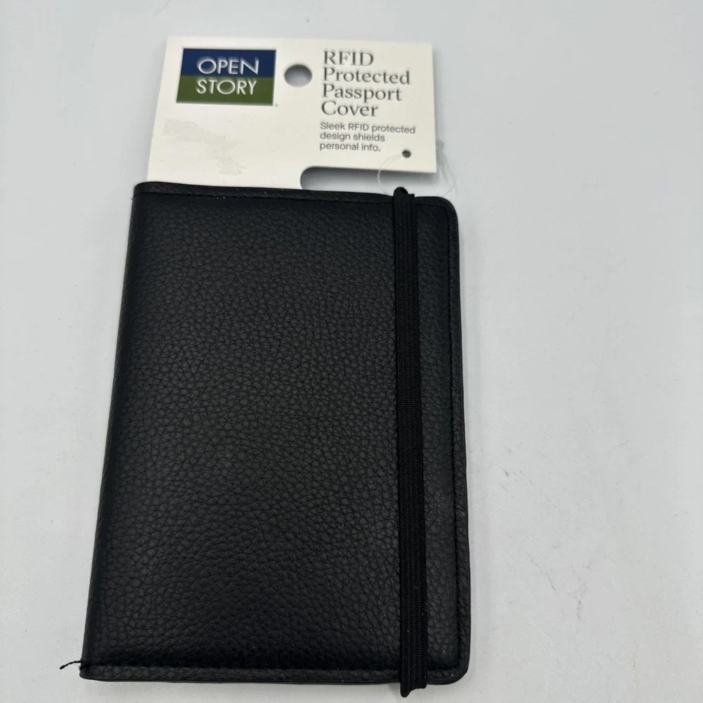 Open Story Passport Cover RFID Protection Black Faux Leather Air Travel Security
